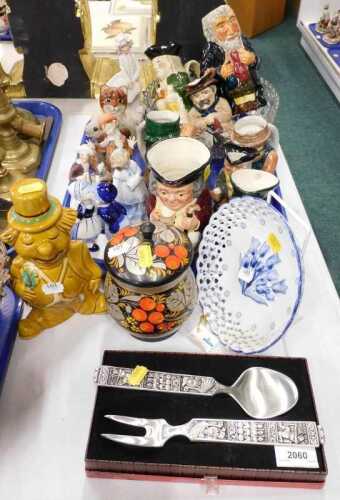 Various pottery and effects, Toby jugs, ornaments, blue and white pierced dish, treen jar...