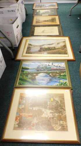 Various pictures and prints, The Great Race Bentley and Train Alan King print, framed embroidery,...