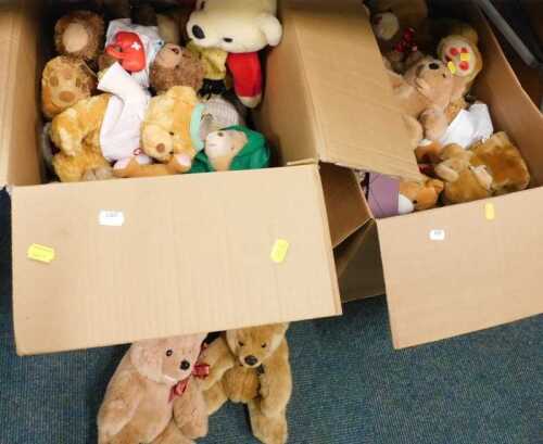 Various teddy bears, sewing machine box, a quantity of other soft toys, teddy bears, Rupert Bear,...