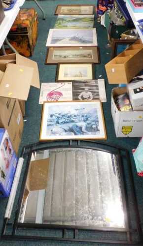 Various prints, pictures, aeronautical and others, after Turner, framed mirror, further unframed...