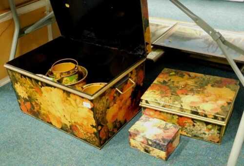 Various painted tin furniture, etc., pans, storage box, deeds box, lidded jar, various other...