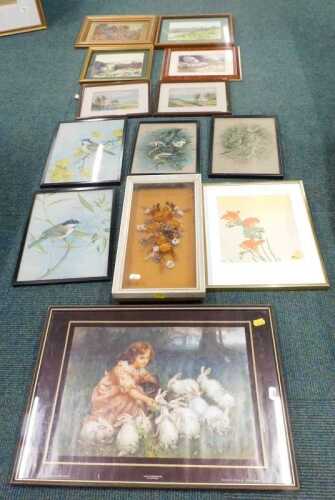Various prints, pictures, floral collage, prints of birds, raised with figures in battle, in a...