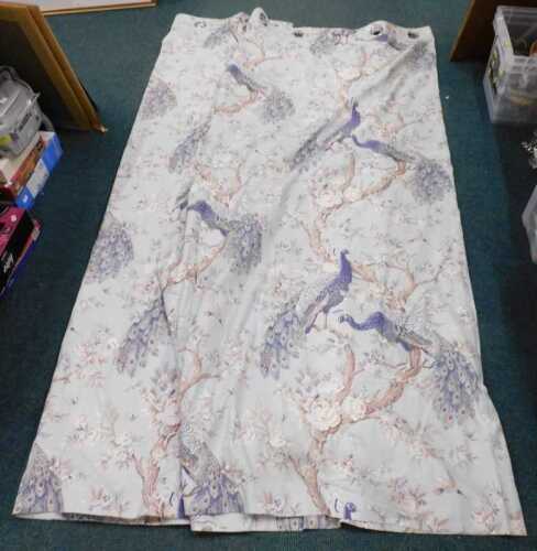 Laura Ashley curtains, in floral and bird pattern, on turquoise ground, approximately 98 inches...