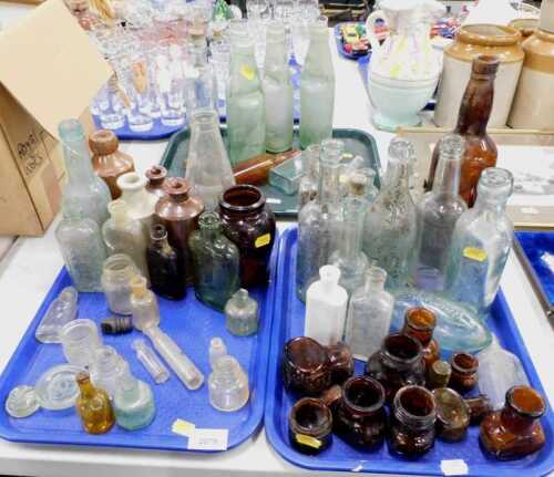 Various collectable and other glass bottles, marble top glass bottles, stoneware jars,...