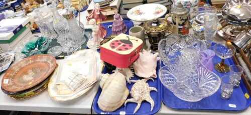 Various glassware, pottery and effects, a tribal style redware pottery plate profusely decorated...