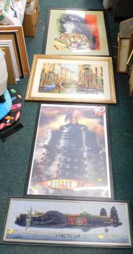 Various prints, pictures, Lancaster embroidered aeroplane, Doctor Who 3D poster print, girl and...