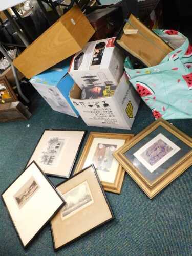 Various prints, pictures, VHS videos, CD rack, Royal Worcester classics box, various other...