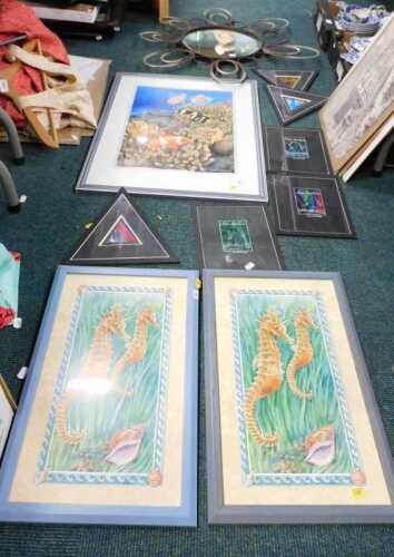 Various prints, pictures, decorative mirror, mixed media and other wall hangings, triangular...