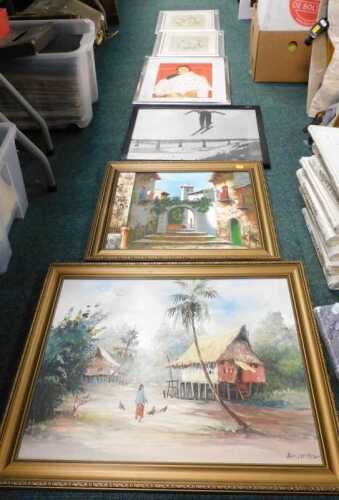 Various pictures, prints, frames, signed print, Blum still life print, another similar, etc. (a...