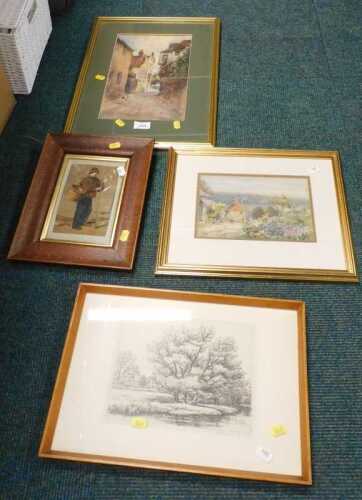 H Alexander (19thC). Street scene, watercolour, signed, further watercolour of a fisherman with...