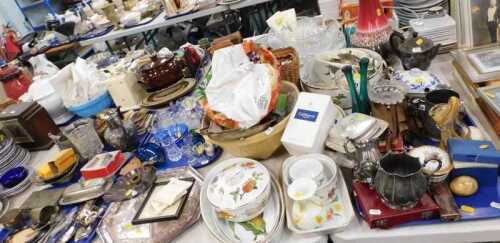 Various decorative china, glassware and effects, various Bristol blue and other eye baths, other...