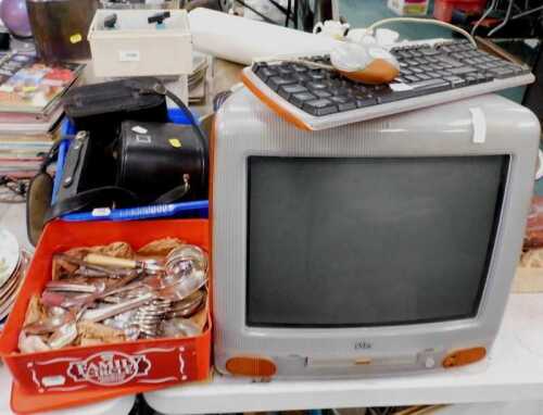 V - An Apple iMac 13" monitor, with keyboard and mouse, a quantity of silver plated flatware,...
