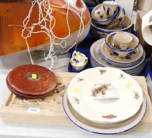 Various pottery and effects, florally pattern part service, wall plaque stone carving, and a...