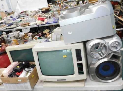 Various monitors, electrical items, Panasonic speakers, 34cm high, Amstrad PCW8256 green monitor,...