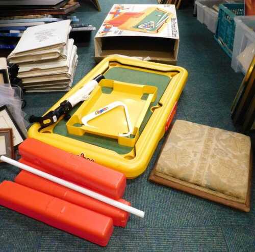 An early 20thC hassock with overstuffed top, and a Mon Premier child's billiard table game,...