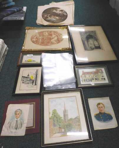 Various prints, pictures and embroideries, etc., to include landscape watercolour of small...