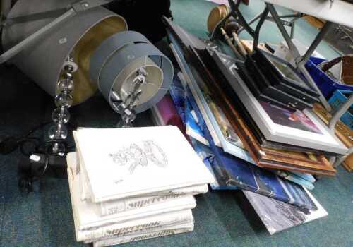Various prints, pictures, frames, a quantity of Super Cookbooks, two table lamps with associated...