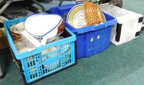 Kitchenalia, glassware, decorative china and effects, a quantity of drinking glasses, wicker...