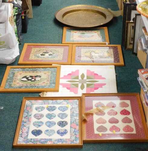 20thC school duck embroidery, various other pictures, prints, embroideries, frames, Eastern...