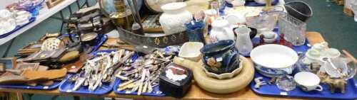 Various metalware, flatware, etc., tie press, fireside companion set, brass oil lamp, pottery...