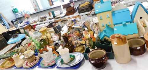 Various pottery, treen, effects, animal ornaments, transfer printed cockerel, various other hens,...