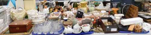 Various china and effects, books, prints, glassware, jelly mould, various ephemera, wicker ware,...