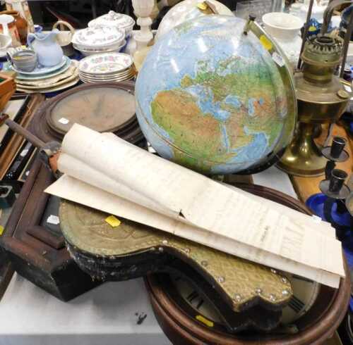 Various collectable items, industrial part iron, terrestrial globe, wall clocks, 19thC Sale...