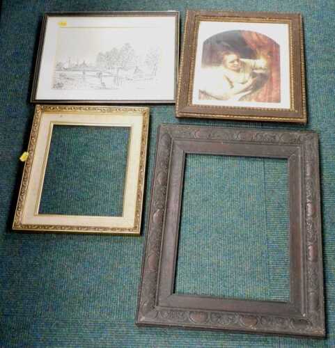 Various prints, pictures, elaborate carved frame, etc. (a quantity)