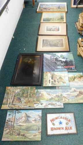 Various pictures, prints, advertising mirrors, Newcastle Brown Ale reproduction advertising...