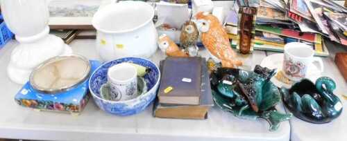 Various pottery and effects, Royal commemorative ware, brassware, turquoise pottery, Beswick owl...