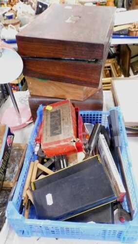 A 19thC walnut jewellery box of domed form, a scientific instrument box, table lamp, and a...