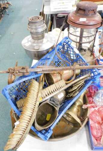 Various brassware, etc., copper and brass miniature churn style jug, inverted candlestick, crumb...