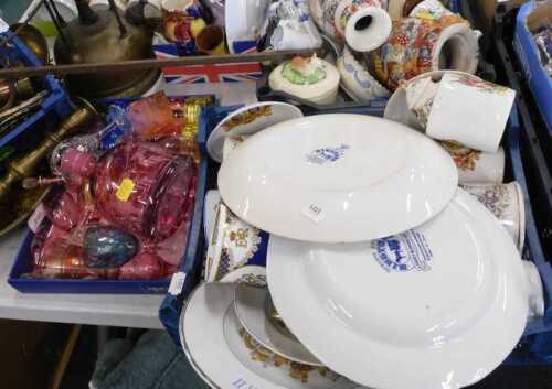Various flash glass, early 20thC and later, decanter, a quantity of Royal commemorative mugs,...