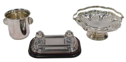 Various silver plated ware, a 20thC basket of floral form, partially pierced, with a swing...