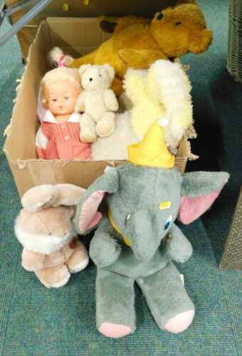 Various soft toys, dolls, etc., bisque headed doll, various soft toys, Teddy bears, etc. (1 box)