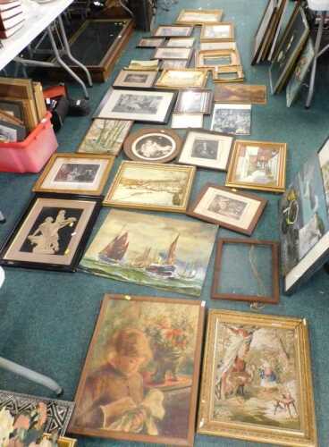 19thC bookplate prints, autumn and winter print, various other pictures, oil on board, hay field...
