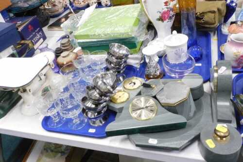Various bygones, collectables, collectors plates, slate desk set, to include clock, barometers,...