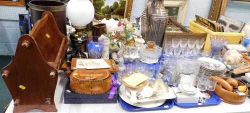 Various china, pottery, treen, glassware and effects, newspaper rack, umbrella stand, brass oil...