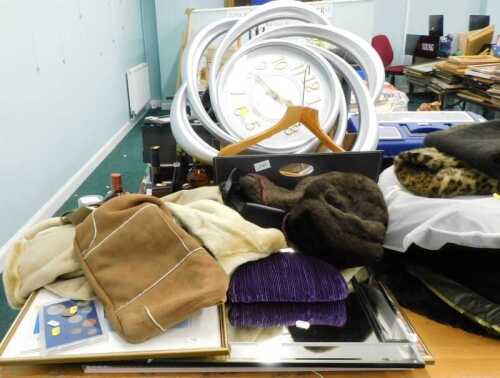 Various clothing, elaborate wall clock, leather newspaper rack, various cased coins, prints,...