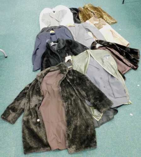 Various clothing, faux leopard skin jacket, other faux fur, various other Coach jackets,...