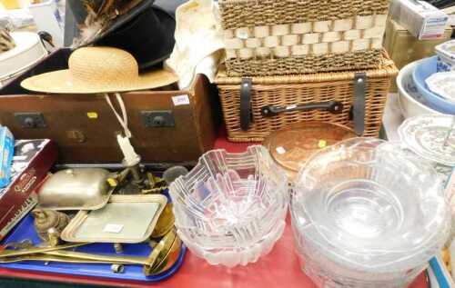 Various metalware, brassware, moulded glassware, copper warming pan, two wicker style cases, etc....