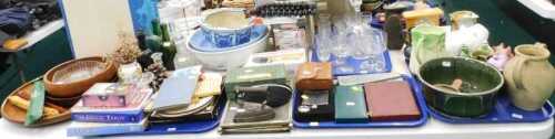 Various pottery and effects, sports racquets, glass bottles, treen, large fruit bowl, three...
