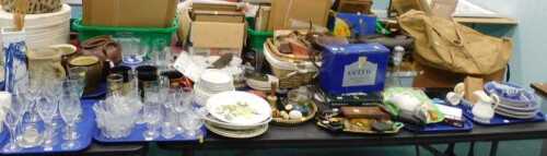 Various pottery and effects, Portmeirion, part services, pottery jardinieres, blue and white...