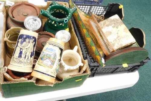 Various pottery, treen and effects, 19thC redware tobacco jar, 18thC style studio pottery puzzle...
