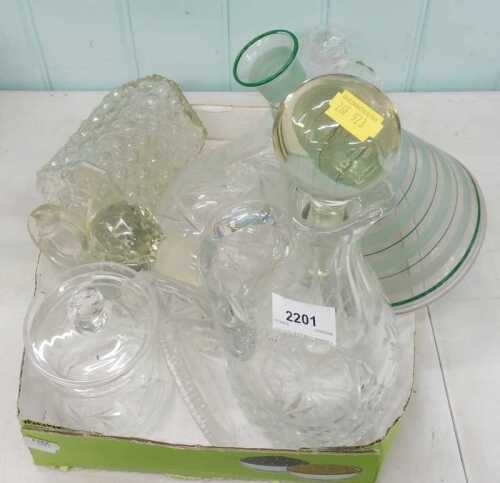 Various collectable glassware, decanters, lidded preserve jar, Deco design tapering decanter,...