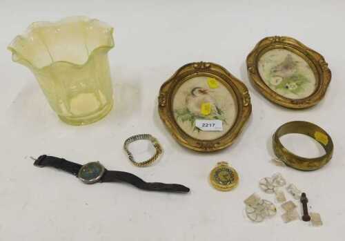 R Tomlinson. Finch, watercolour, and other bird pictures, costume jewellery, pocket watch, a...