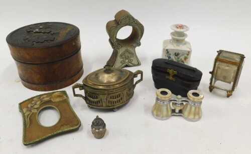 Porcelain and effects, Eastern carved hat box, opera binoculars, plated watch stand, 19thC...