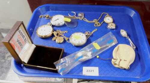 Costume jewellery, plated pocket watch, spoon, chains, other costume jewellery, watch on slender...