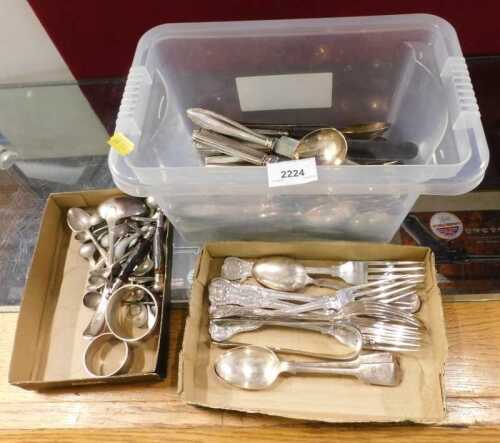 Various silver plated ware, spoons, ladle, napkin rings, a large quantity of other flatware, etc....