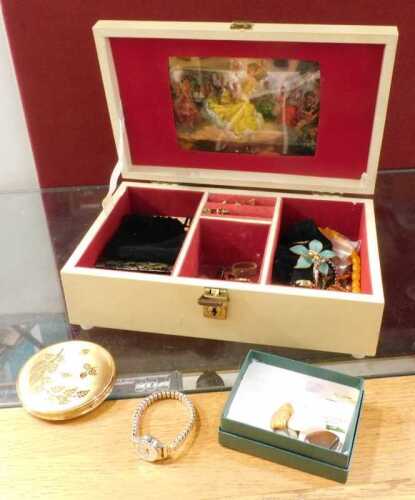 Various costume jewellery and effects, faux amber necklace, costume brooches, floral example...